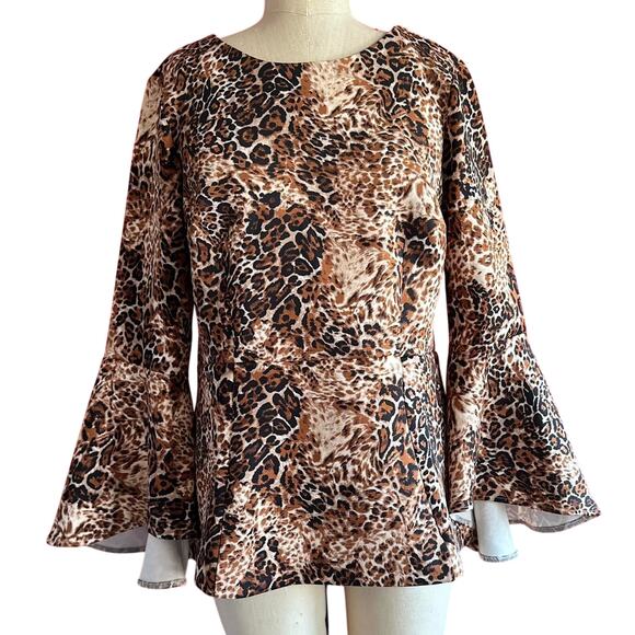 Womens Top Size Large Animal Print Cheetah Flare Sleeve Retro Vibes Indie Boho - Picture 1 of 8